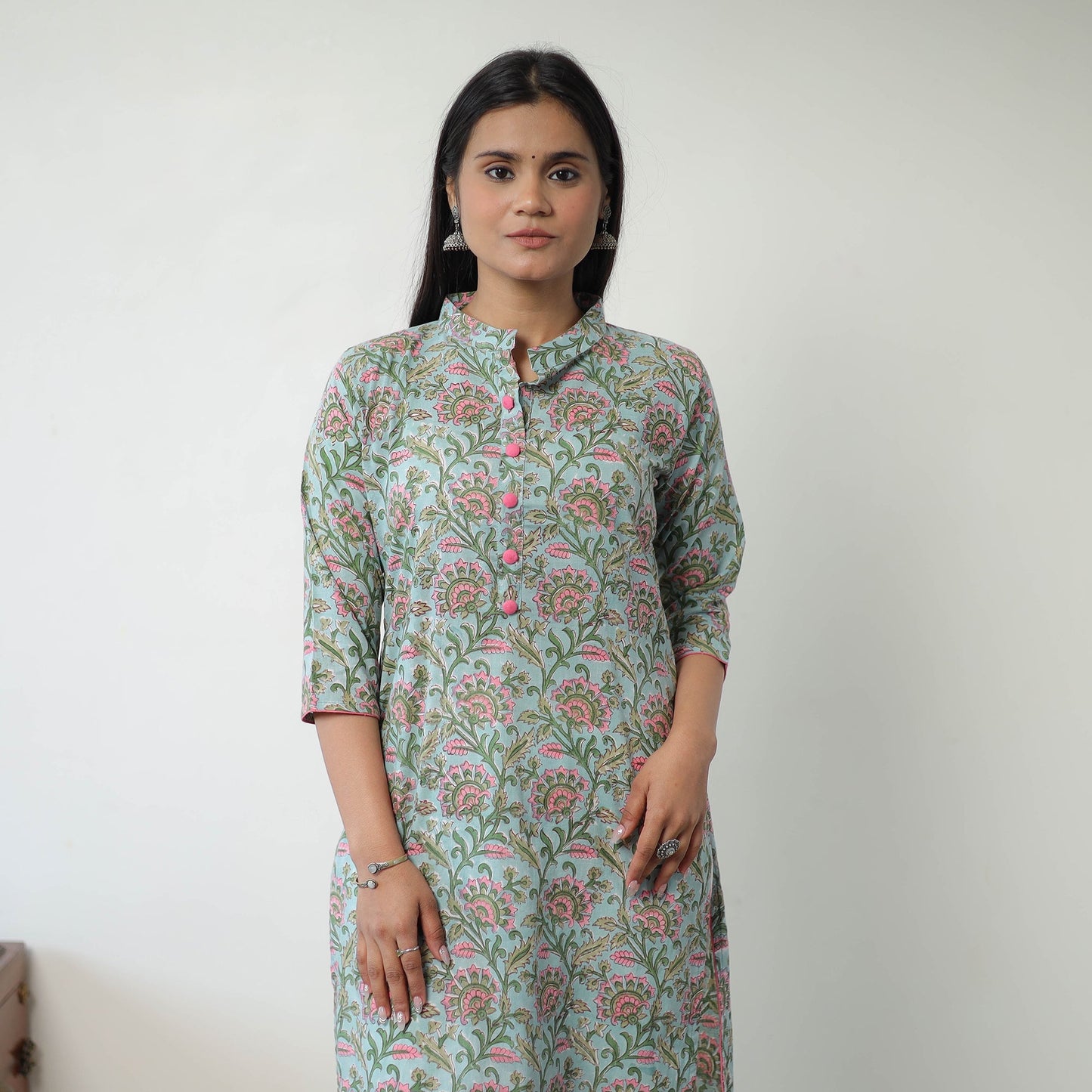 Buy Blue Sanganeri Block Printed Cotton Long Kurta Online