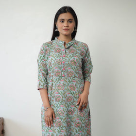 Buy Blue Sanganeri Block Printed Cotton Long Kurta Online