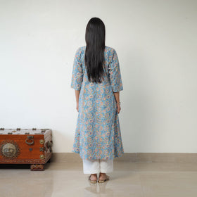 Blue Sanganeri Block Printed Cotton Long Kurta for Women