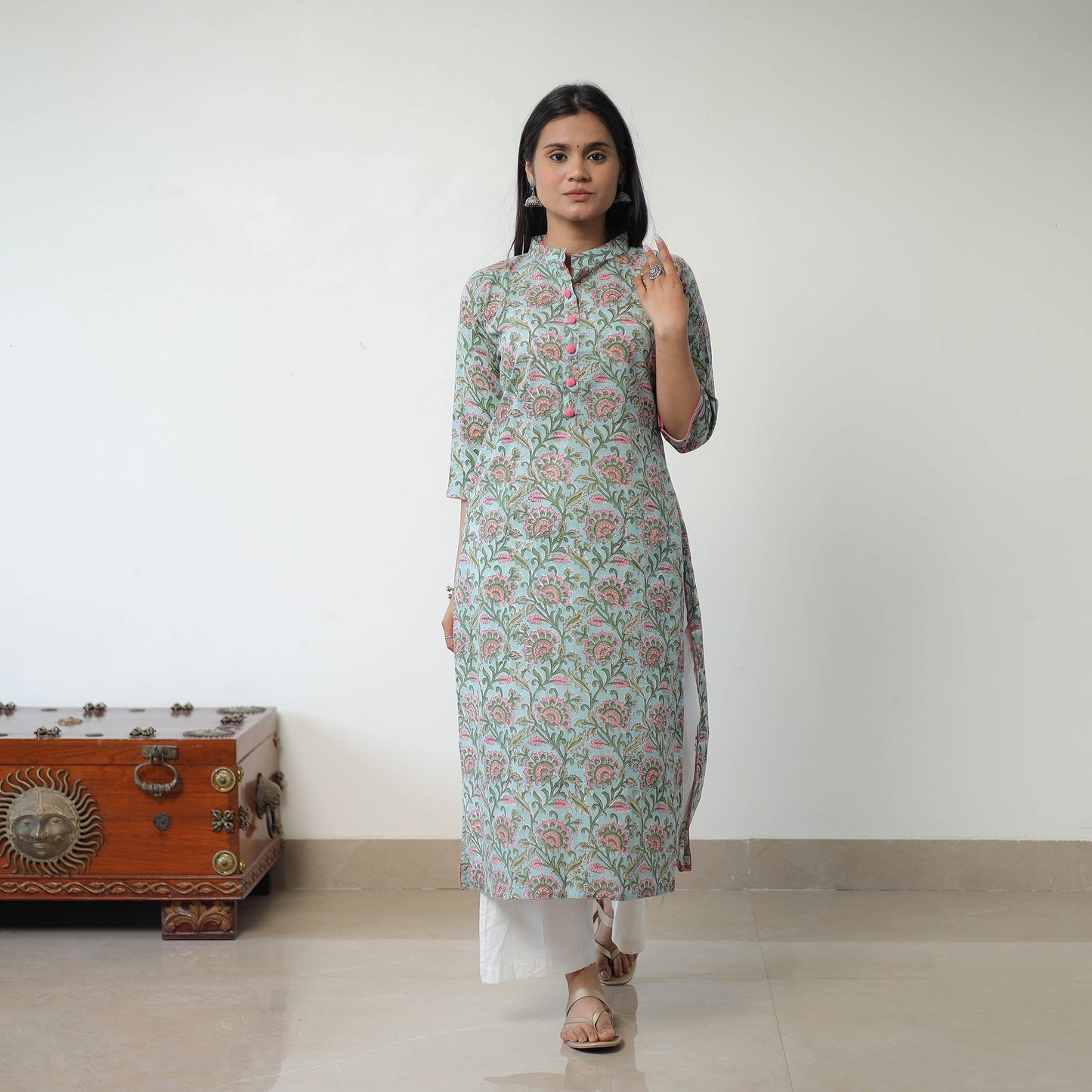 Buy Blue Sanganeri Block Printed Cotton Long Kurta Online