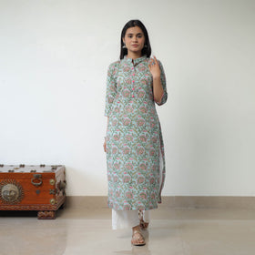 Buy Blue Sanganeri Block Printed Cotton Long Kurta Online