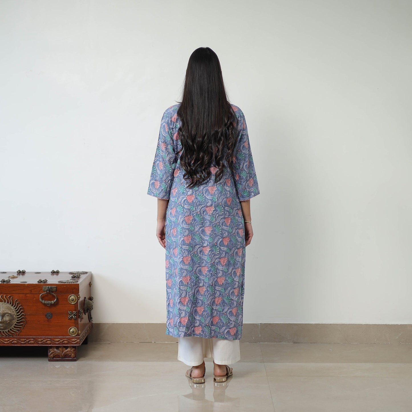 Blue Sanganeri Hand Block Print Cotton White Long Kurta for Women
