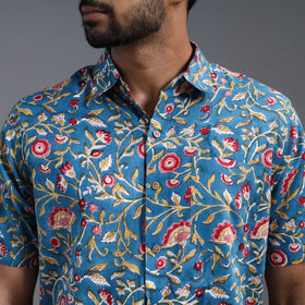 Buy Blue Sanganeri Block Print Cotton Men Half Sleeve Shirt 