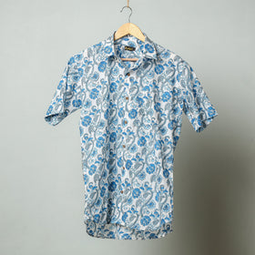 Blue - sanganeri block printed cotton men half sleeve shirt