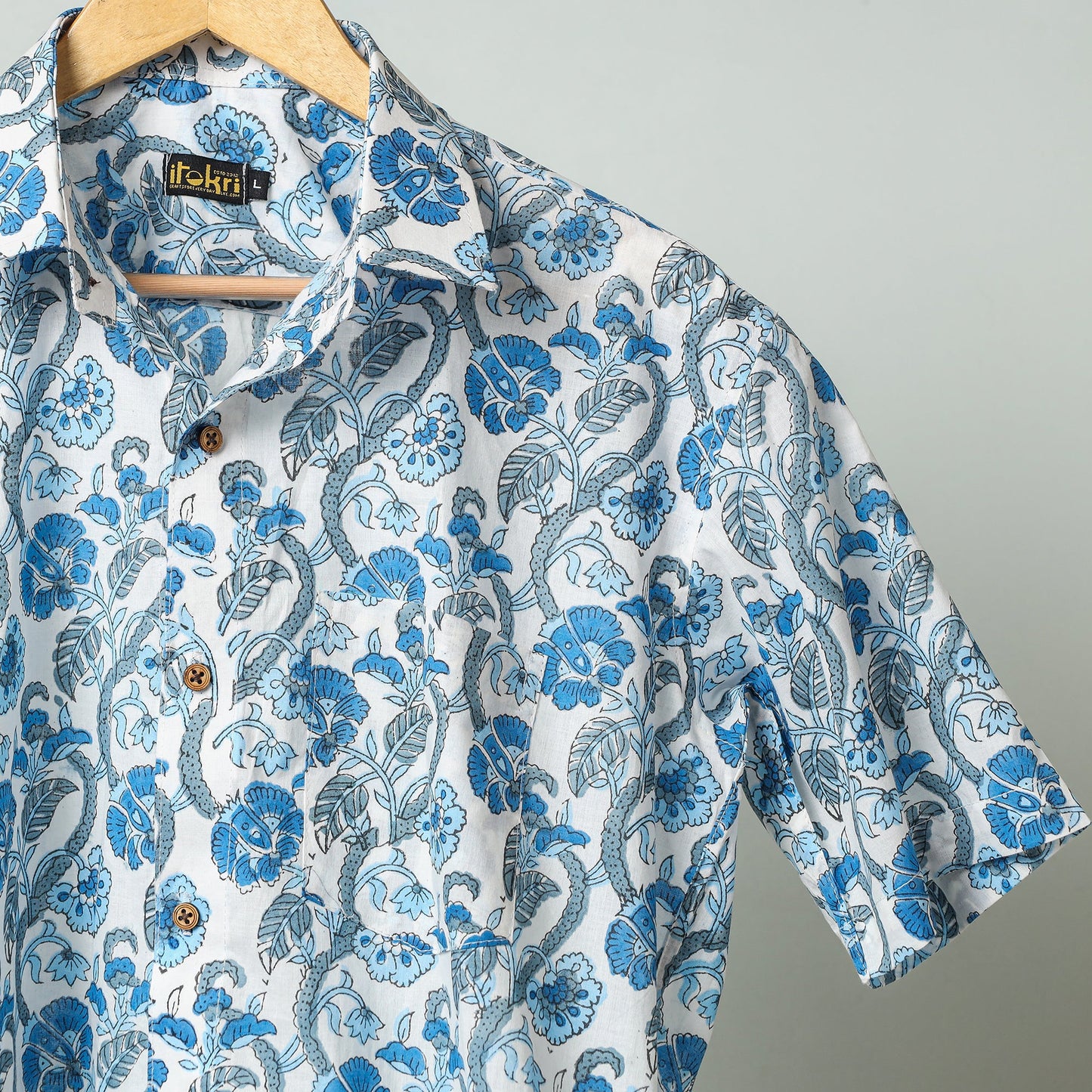 Blue - sanganeri block printed cotton men half sleeve shirt