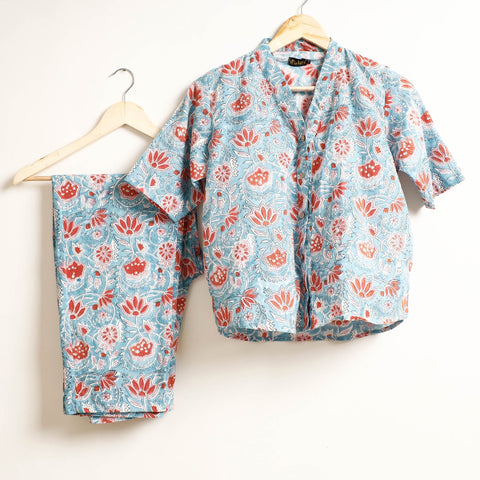 Blue Ajrakh Block Printed Cotton Night Suit Set 