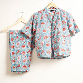 Blue Ajrakh Block Printed Cotton Night Suit Set 