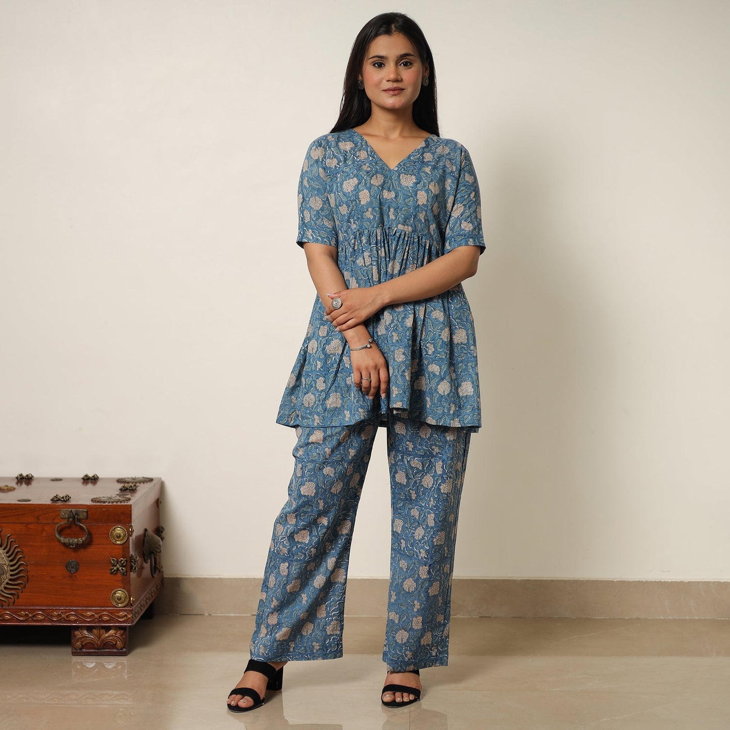 Blue - sanganeri block printed cotton co-ord set 08