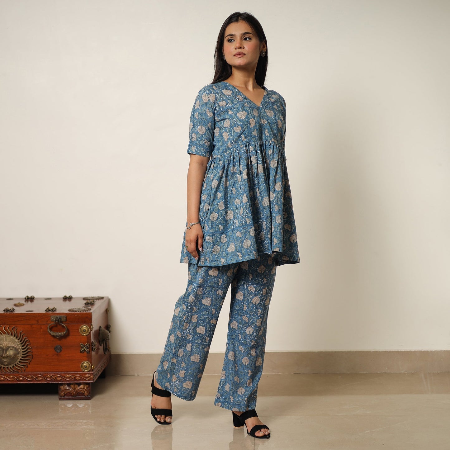 Blue - sanganeri block printed cotton co-ord set 08