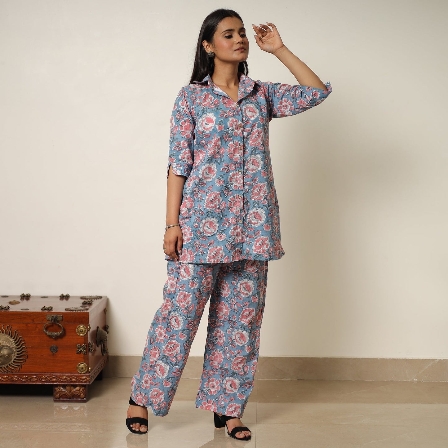 Blue - sanganeri block printed cotton co-ord set 14