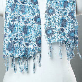 Blue - Sanganeri Block Printed Cotton Stole with Tassels 53