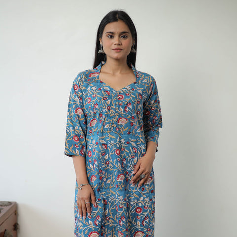 Buy Blue Sanganeri Block Printed Cotton Straight Kurta for Women