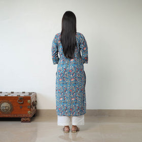 Buy Blue Sanganeri Block Printed Cotton Straight Kurta for Women