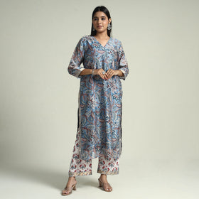  Sanganeri Block Printed Maheshwari Silk Kurta with Palazzo & Dupatta Set Online at iTokri.com