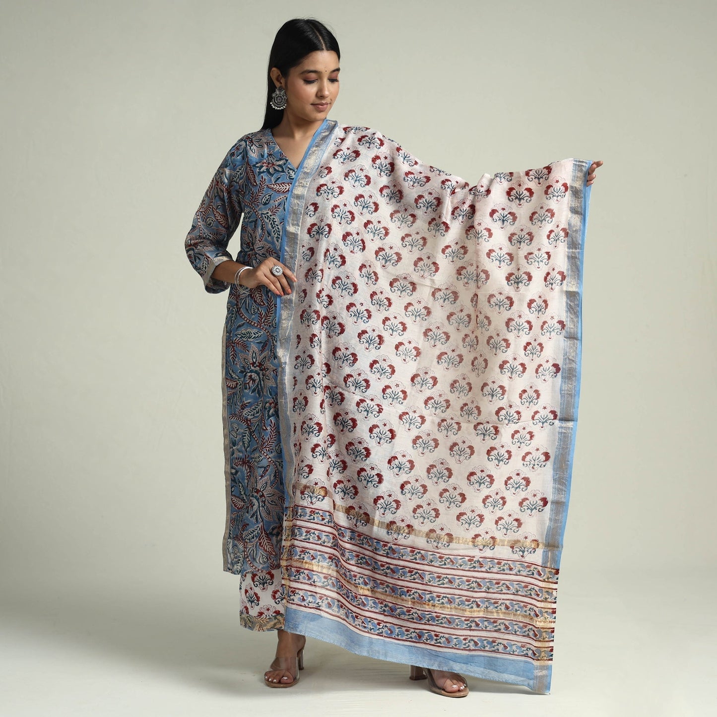  Sanganeri Block Printed Maheshwari Silk Kurta with Palazzo & Dupatta Set Online at iTokri.com