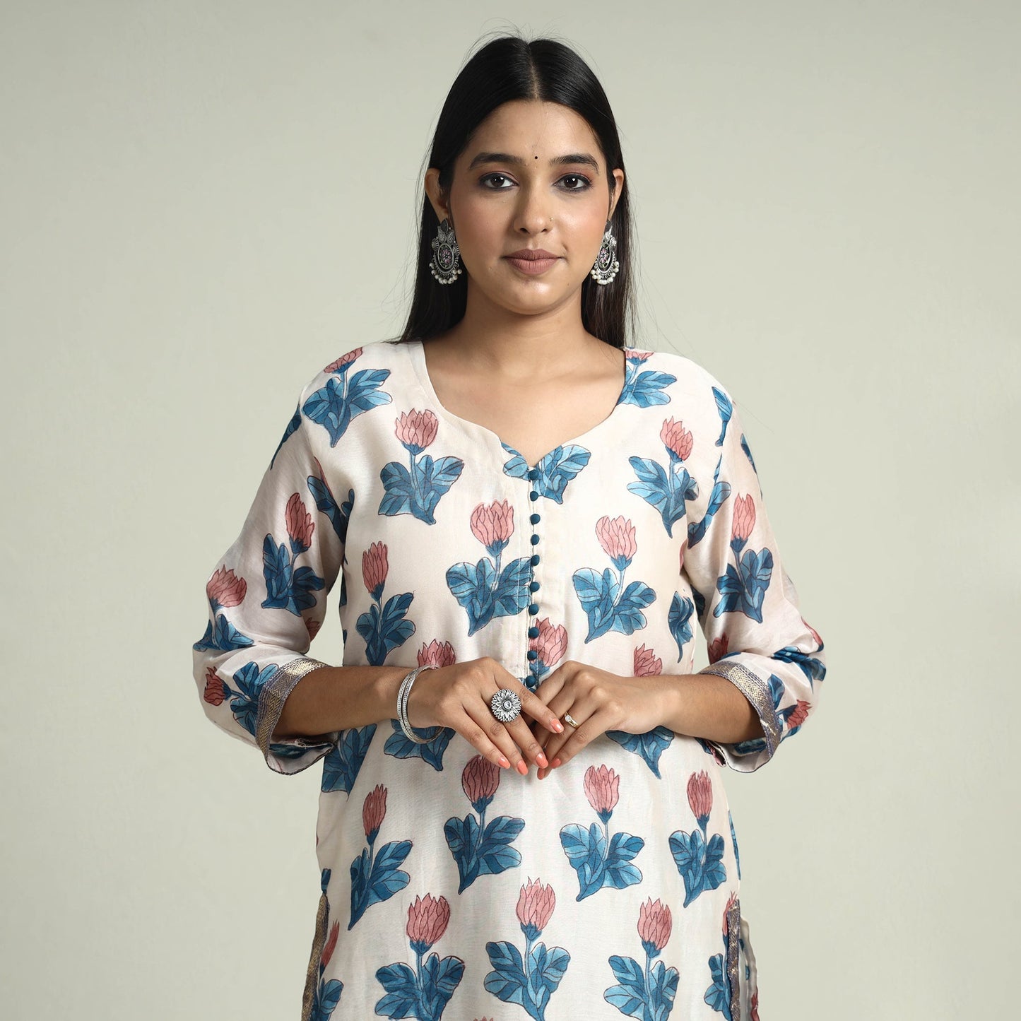 Blue - Sanganeri Block Printed Maheshwari Silk Kurta with Palazzo & Dupatta Set