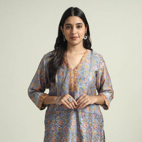 Buy Sanganeri Block Printed Maheshwari Silk Kurta with Palazzo & Dupatta Set Online at iTokri.com