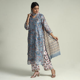  Sanganeri Block Printed Maheshwari Silk Kurta with Palazzo & Dupatta Set Online at iTokri.com