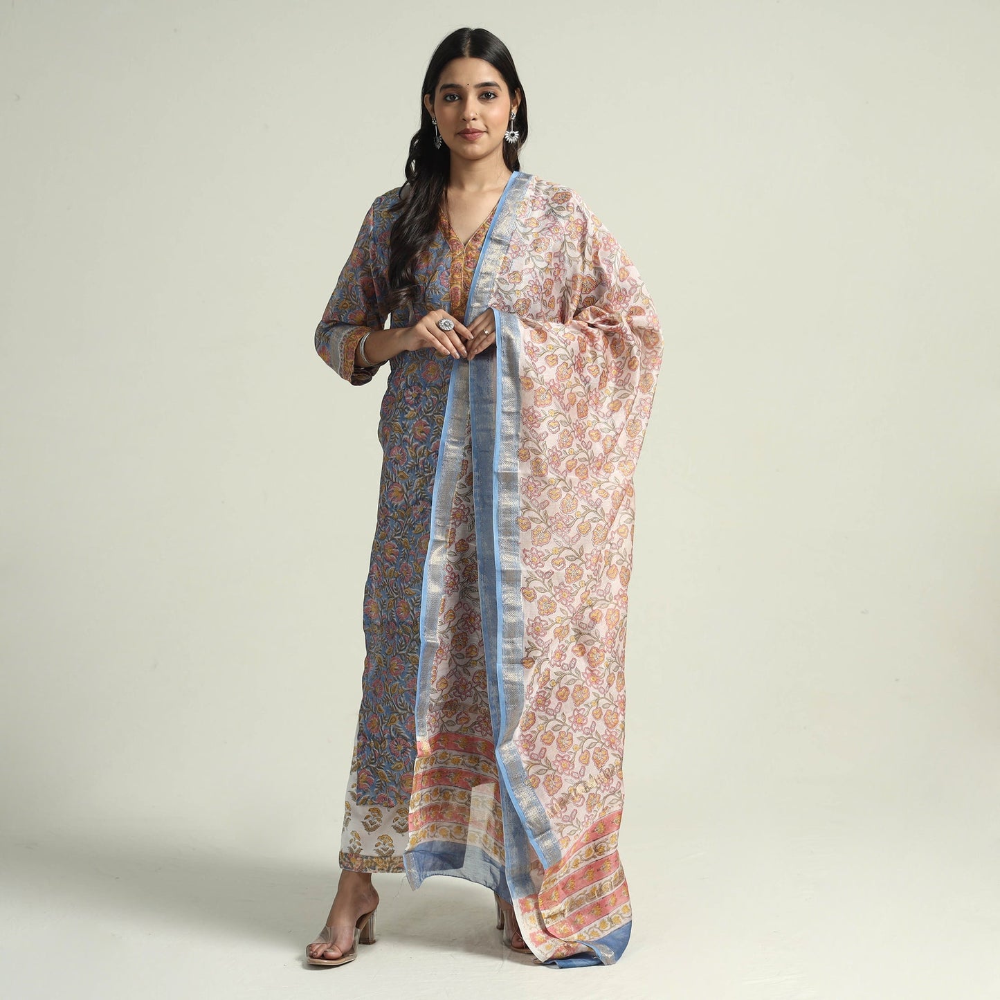 Buy Sanganeri Block Printed Maheshwari Silk Kurta with Palazzo & Dupatta Set Online at iTokri.com
