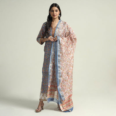 Buy Sanganeri Block Printed Maheshwari Silk Kurta with Palazzo & Dupatta Set Online at iTokri.com