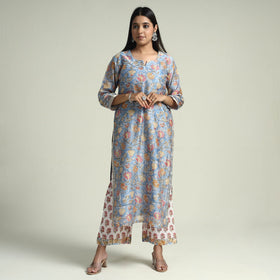  Sanganeri Block Printed Maheshwari Silk Kurta with Palazzo & Dupatta Set 