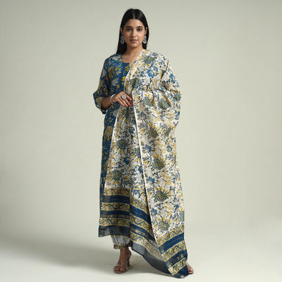 Buy Sanganeri Block Printed Maheshwari Silk Kurta with Palazzo & Dupatta Set Online at iTokri.com