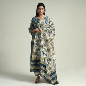 Buy Sanganeri Block Printed Maheshwari Silk Kurta with Palazzo & Dupatta Set Online at iTokri.com