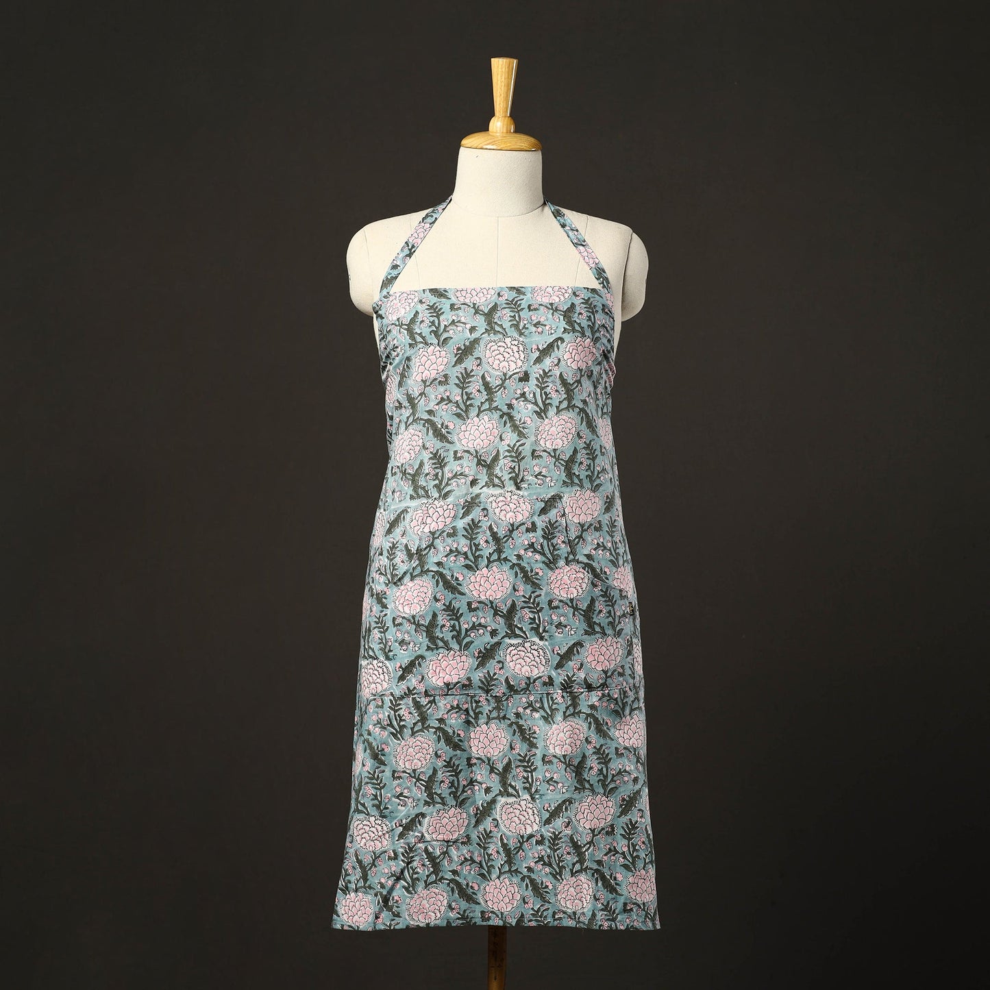 Blue - sanganeri cotton apron with pocket 01 - handcrafted