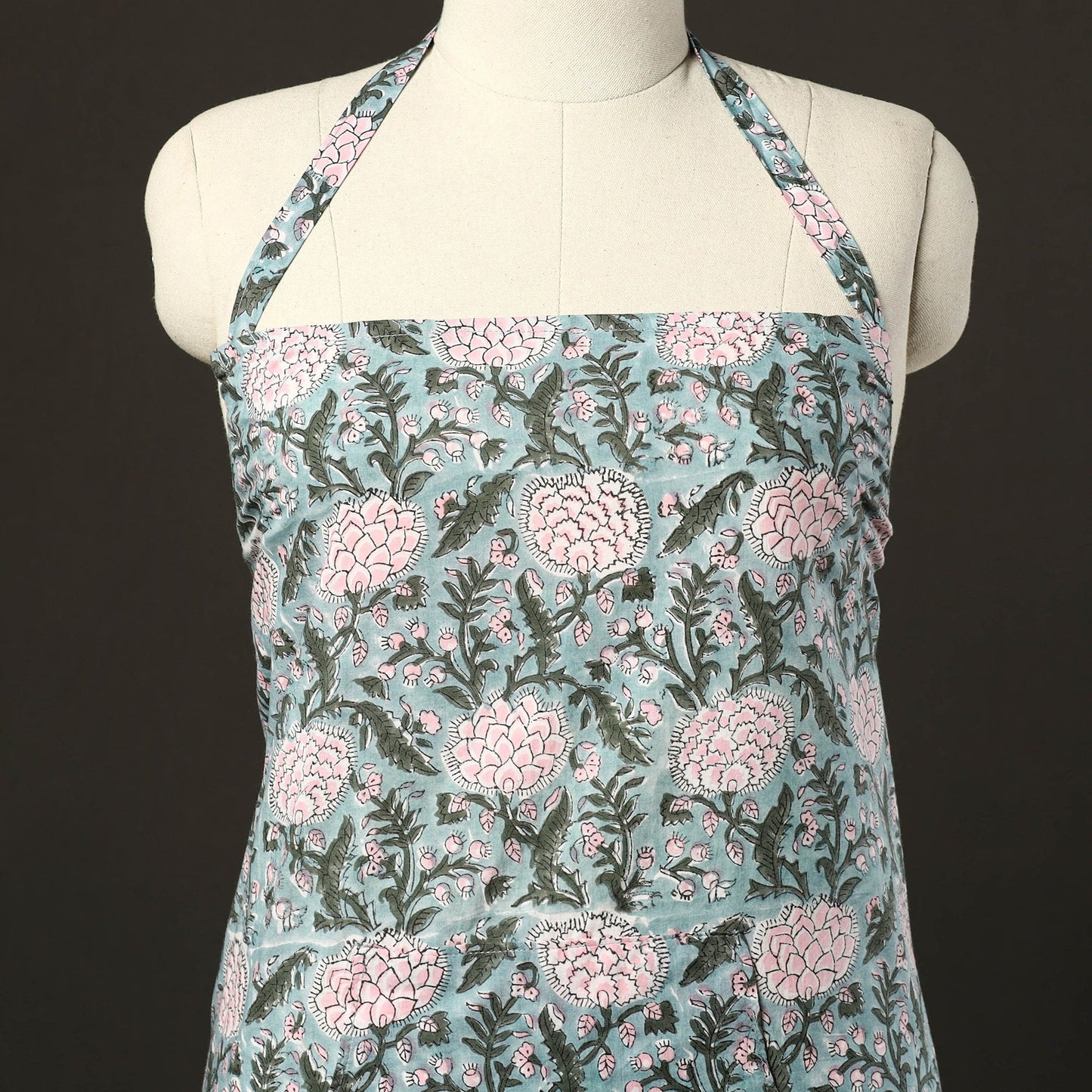 Blue - sanganeri cotton apron with pocket 01 - handcrafted