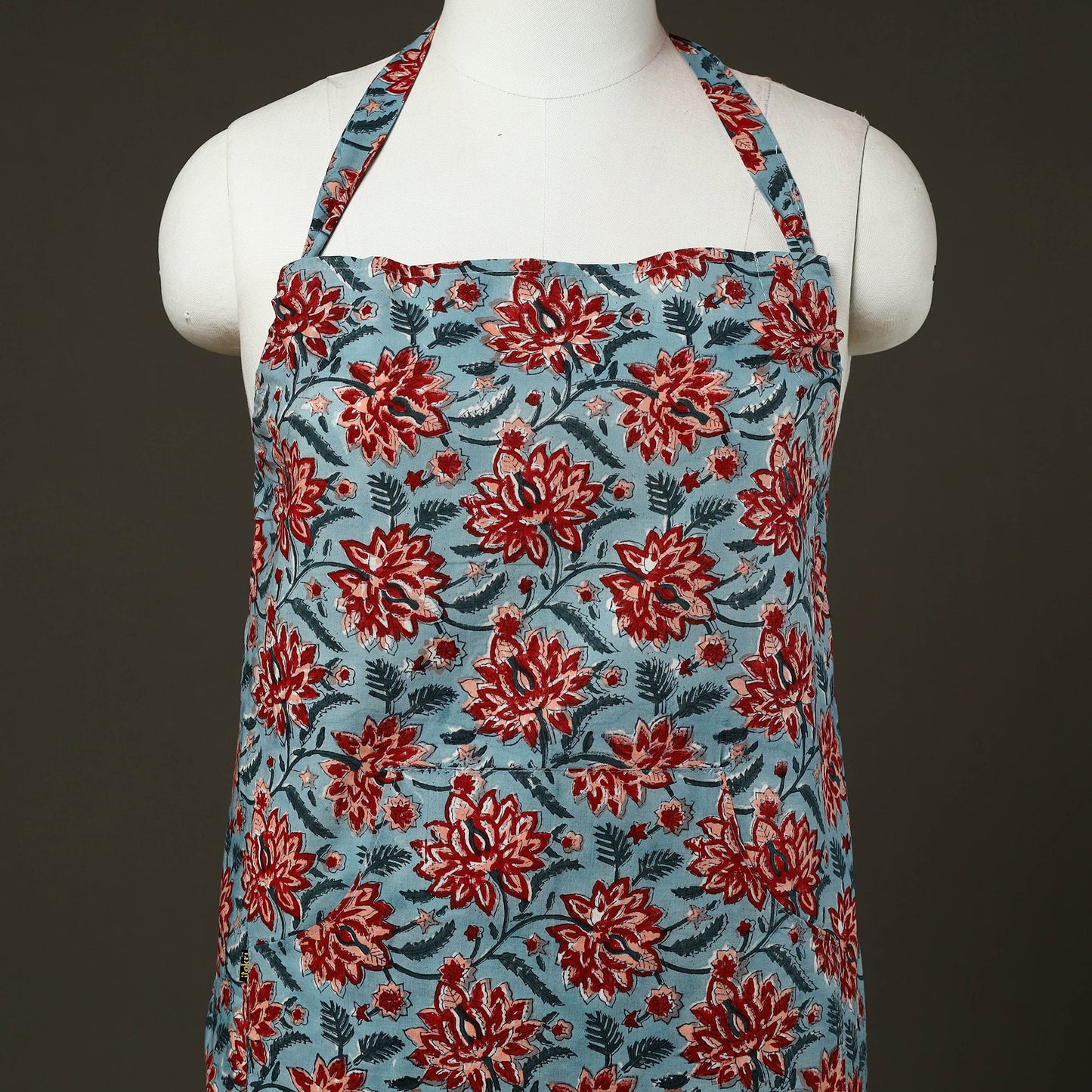 Blue - sanganeri cotton apron with pocket 07 - handcrafted