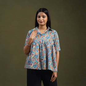 Buy Blue Sanganeri Block Print Cotton Crop Top