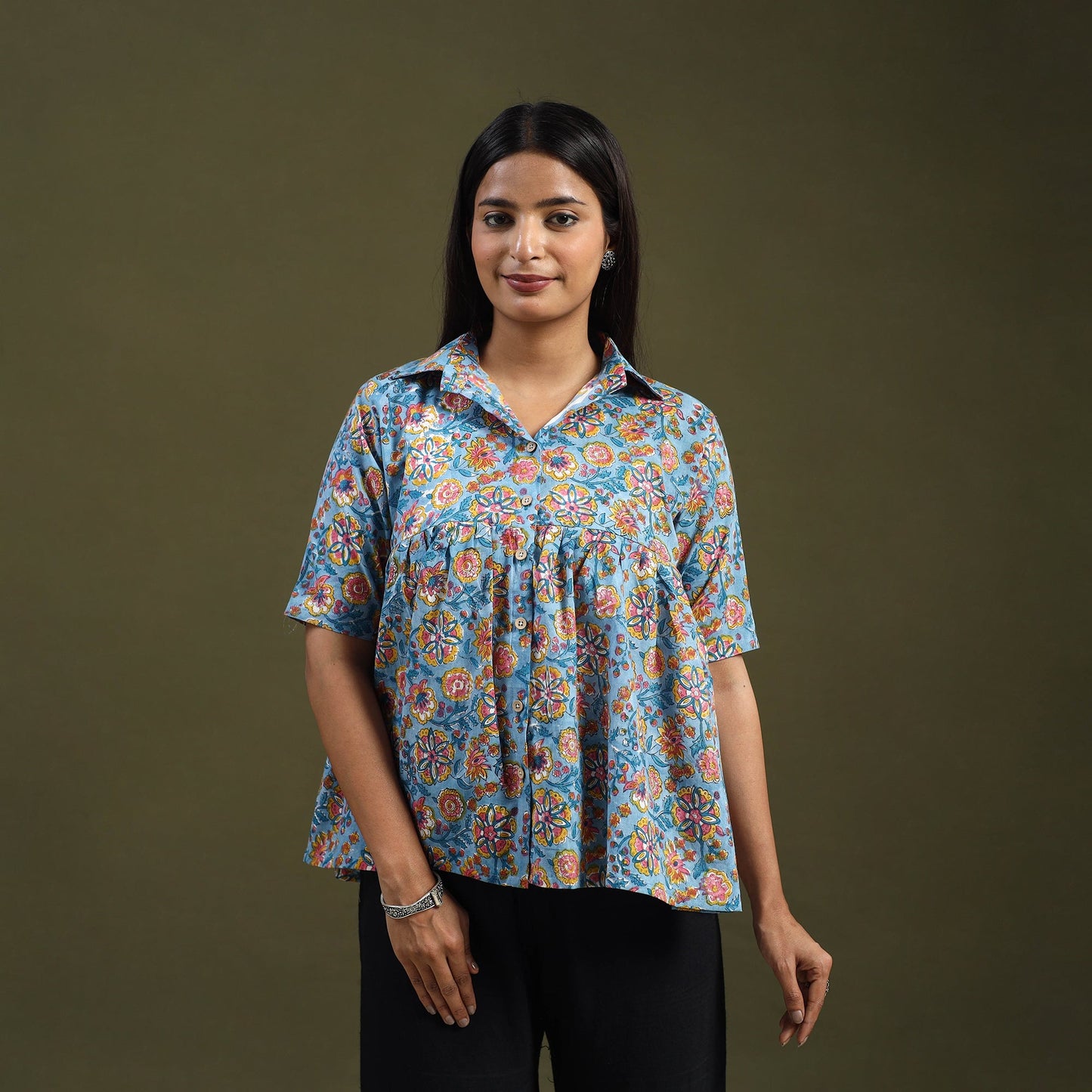 Buy Blue Sanganeri Block Print Cotton Crop Top