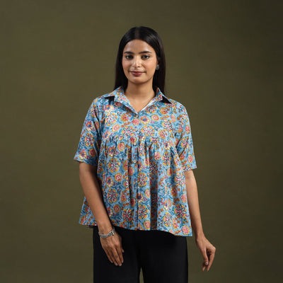 Buy Blue Sanganeri Block Print Cotton Crop Top