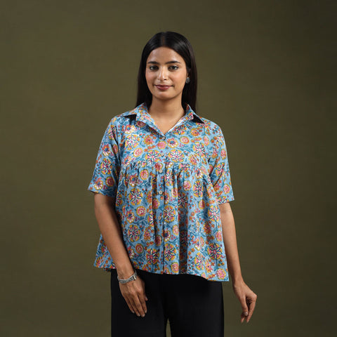 Buy Blue Sanganeri Block Print Cotton Crop Top