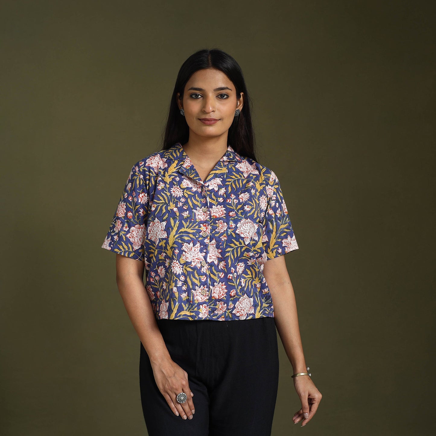 Blue Lime Green Sanganeri Block Print Cotton Crop Top