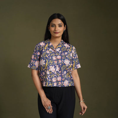 Blue Lime Green Sanganeri Block Print Cotton Crop Top