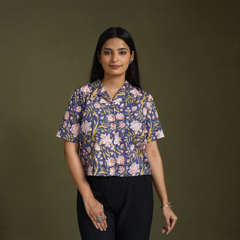 Blue Lime Green Sanganeri Block Print Cotton Crop Top