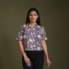 Blue Lime Green Sanganeri Block Print Cotton Crop Top