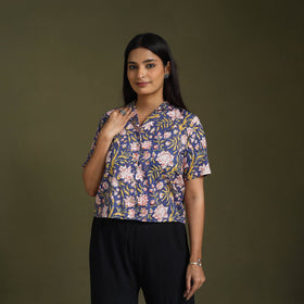 Blue Lime Green Sanganeri Block Print Cotton Crop Top