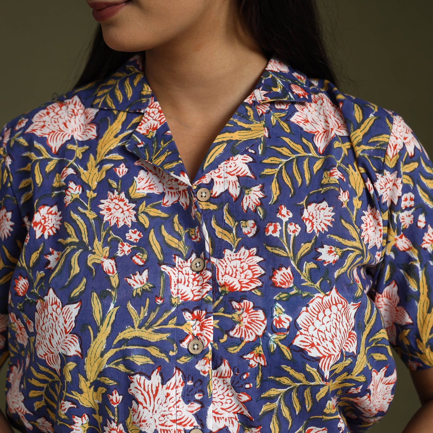 Blue Lime Green Sanganeri Block Print Cotton Crop Top