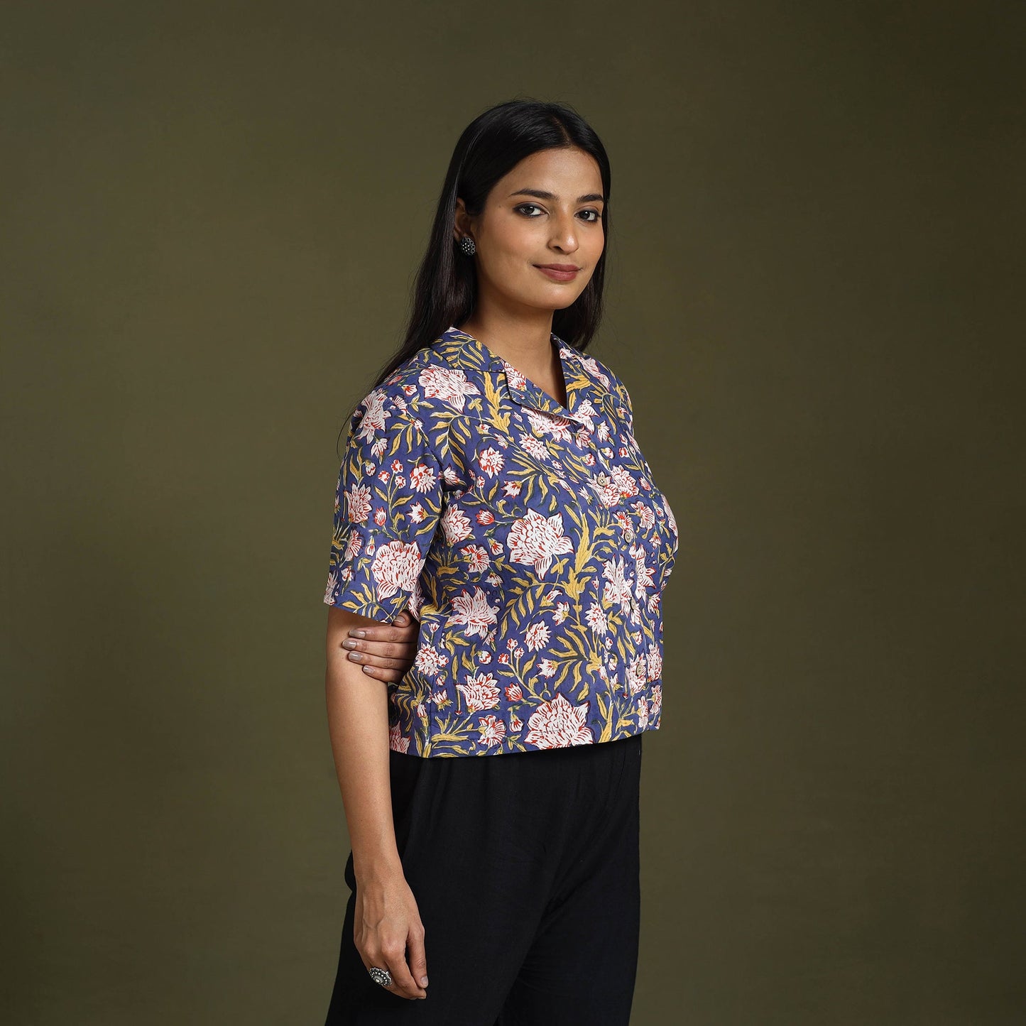 Blue Lime Green Sanganeri Block Print Cotton Crop Top