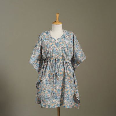 Blue Sanganeri Block Print Cotton Kaftan (Medium) 