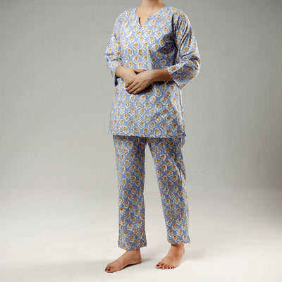 Blue - sanganeri cotton night suit - handcrafted
