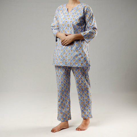 Blue - sanganeri cotton night suit - handcrafted