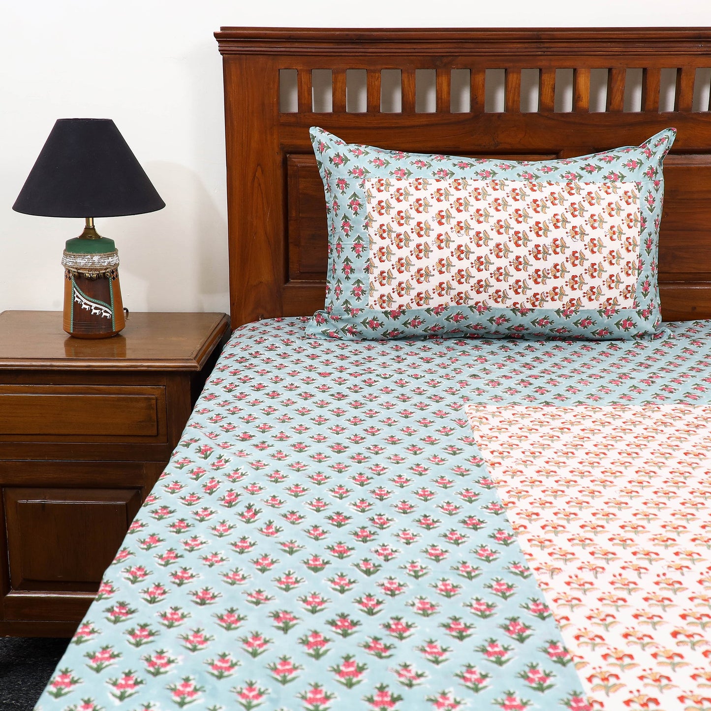 Buy Sanganeri Print Cotton Patchwork Bedsheet Set