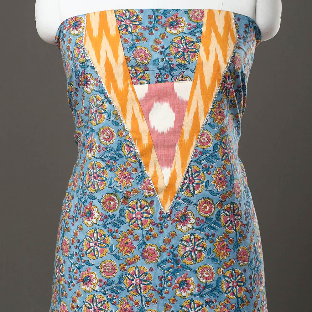 Blue - sanganeri cotton patchwork unstitched kurta material