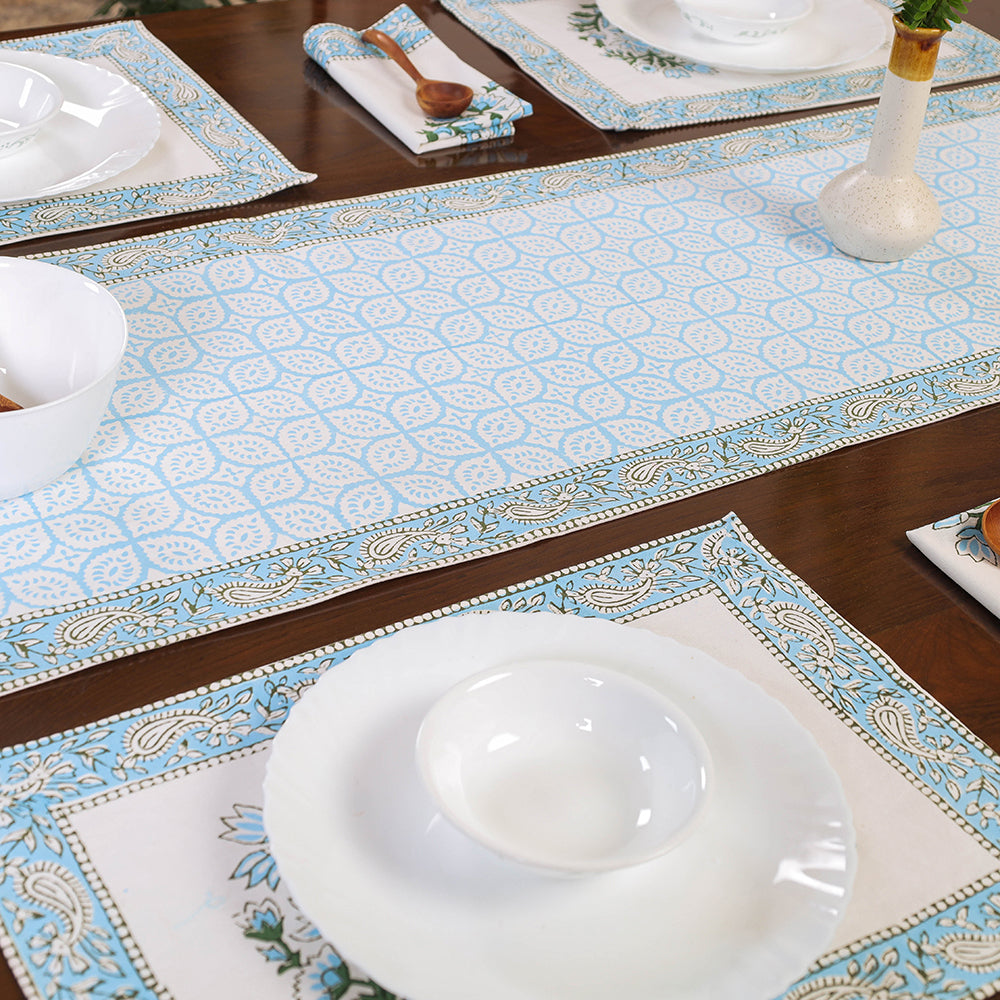Blue - Sanganeri Print Cotton Table Runner with Mats & Napkins