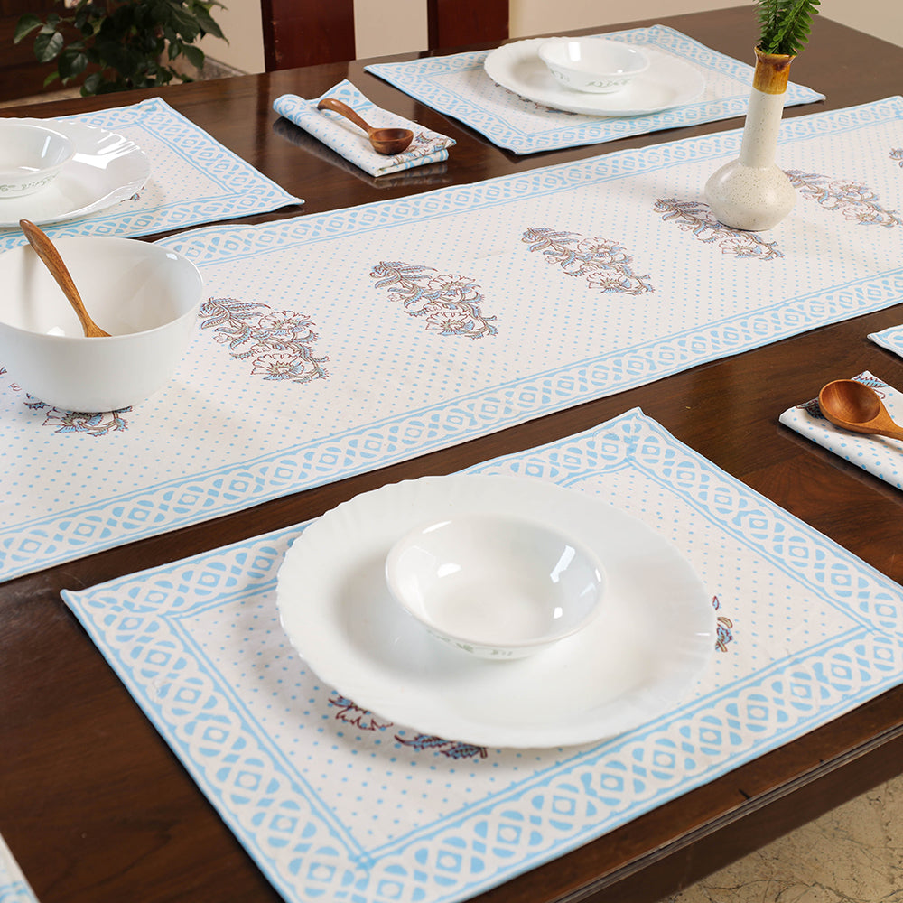 Blue Sanganeri Print Cotton Table Runner with Mats & Napkins