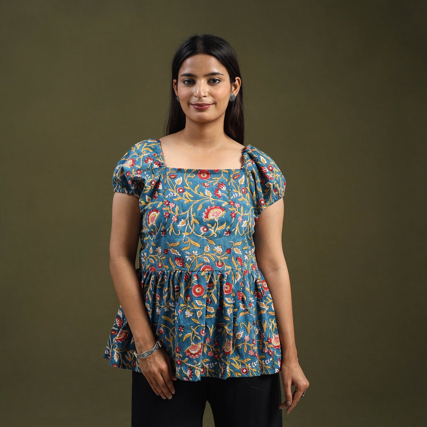 Buy Blue Sanganeri Block Print Top