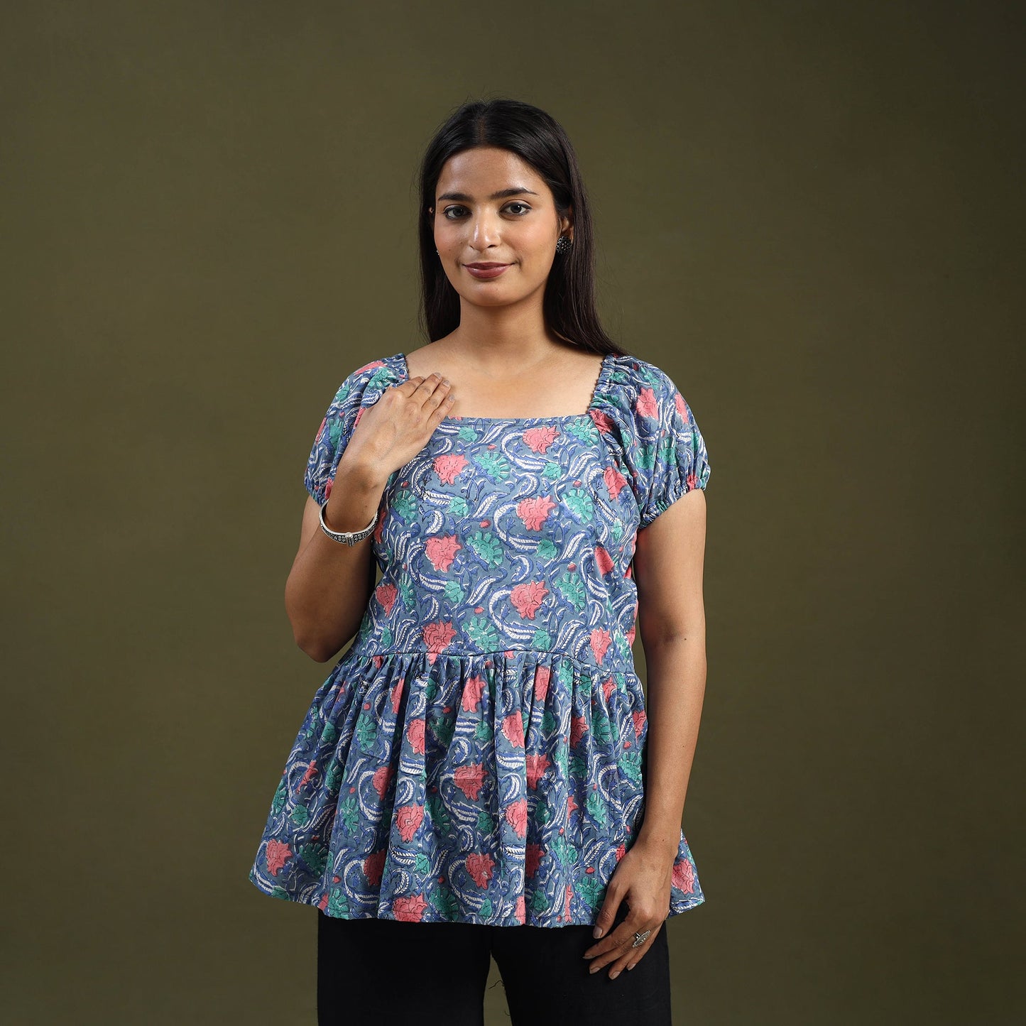  Blue Sanganeri Block Print Cotton Top